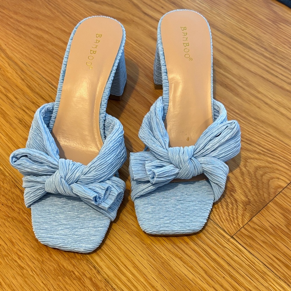 BAMBOO Sky Blue Knotted Block Heel Slides